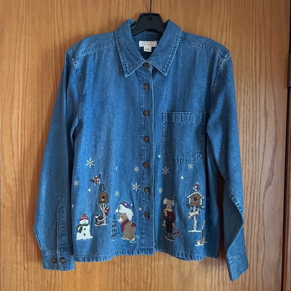 CHRISTOPHER & BANKS Snowflake Moose Bear Denim Shirt Jacket Embroidered Medium